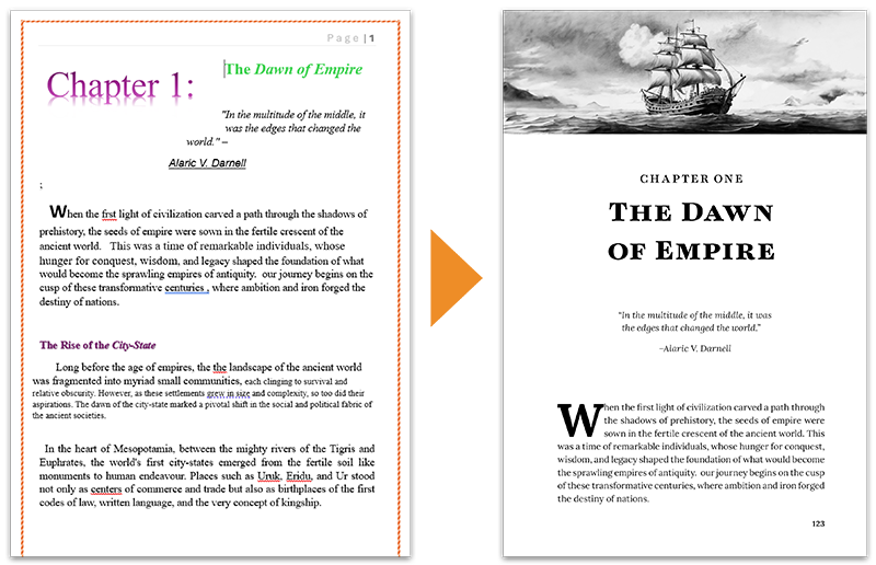 A word document text transformed into a professionally-designed and typeset document.